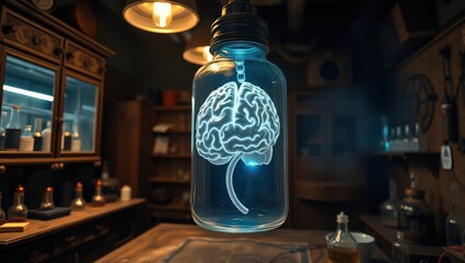  Preserved Intelligence: Glowing AI Brain in a Science Lab Bottle