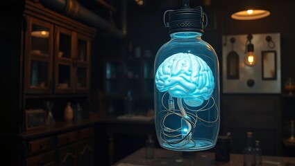 Artificial Mind: Luminous Brain Suspended in a Futuristic Flask