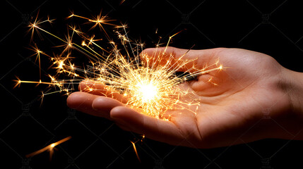 A hand holding a sparkler against a black background. Celebration and festive mood.