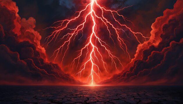 Dramatic illustration of powerful red lightning strike illuminating dark, fiery clouds over cracked earth. Scene evokes intense energy, natural power, sense of impending doom. Suitable for banners,