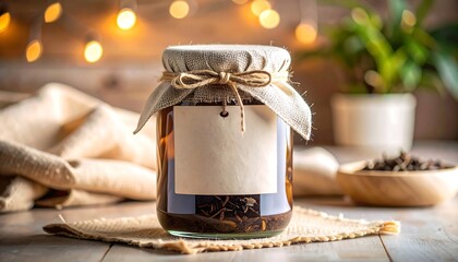 Glass jar with herbal tea, rustic decor