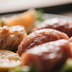 Close-up of glazed meat pieces served with vegetables and lemon slices