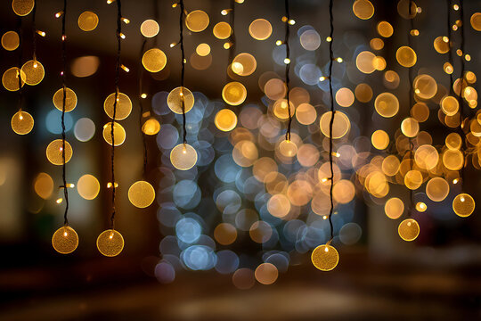 Festive string lights with golden bokeh in soft focus background