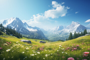 Fototapeta premium Quiet alpine meadows with snow-capped mountains