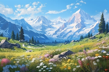 Fototapeta premium Quiet alpine meadows with snow-capped mountains