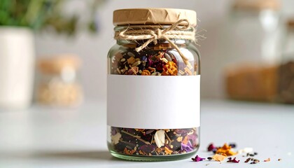 Glass jar with loose tea and blank label