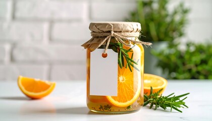 Glass jar with orange slices, rosemary, and herbs