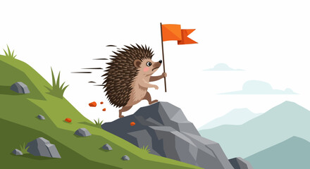 Determined Hedgehog Conquering Mountain Peak with Orange Flag Illustration