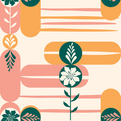 Vector seamless pattern of geometric shapes and flowers in bright colors. For printing on fabric, textile, paper, wrapping paper, background, screensaver.
