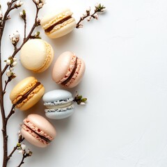 Naklejka premium Elegant pastel macarons with delicate blossoms create a sweet, spring aesthetic for your brand