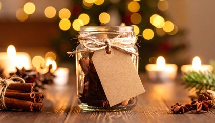 Glass jar with spices, tied with twine, and a tag, in front of a Christmas tree with candles