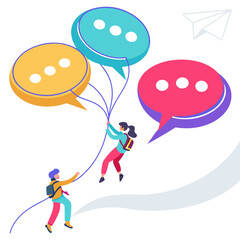 People climbing colorful chat bubbles communication