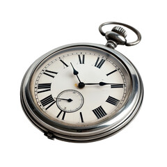 Close-up of a vintage pocket watch.  Silver casing, white face with Roman numerals.  Time displayed