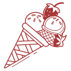 Red ice cream cone with strawberry and swirls dessert sweet