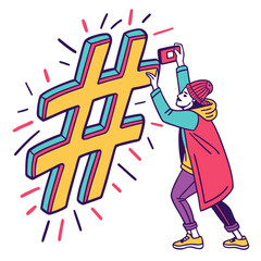 Person photographing large yellow hashtag symbol phone