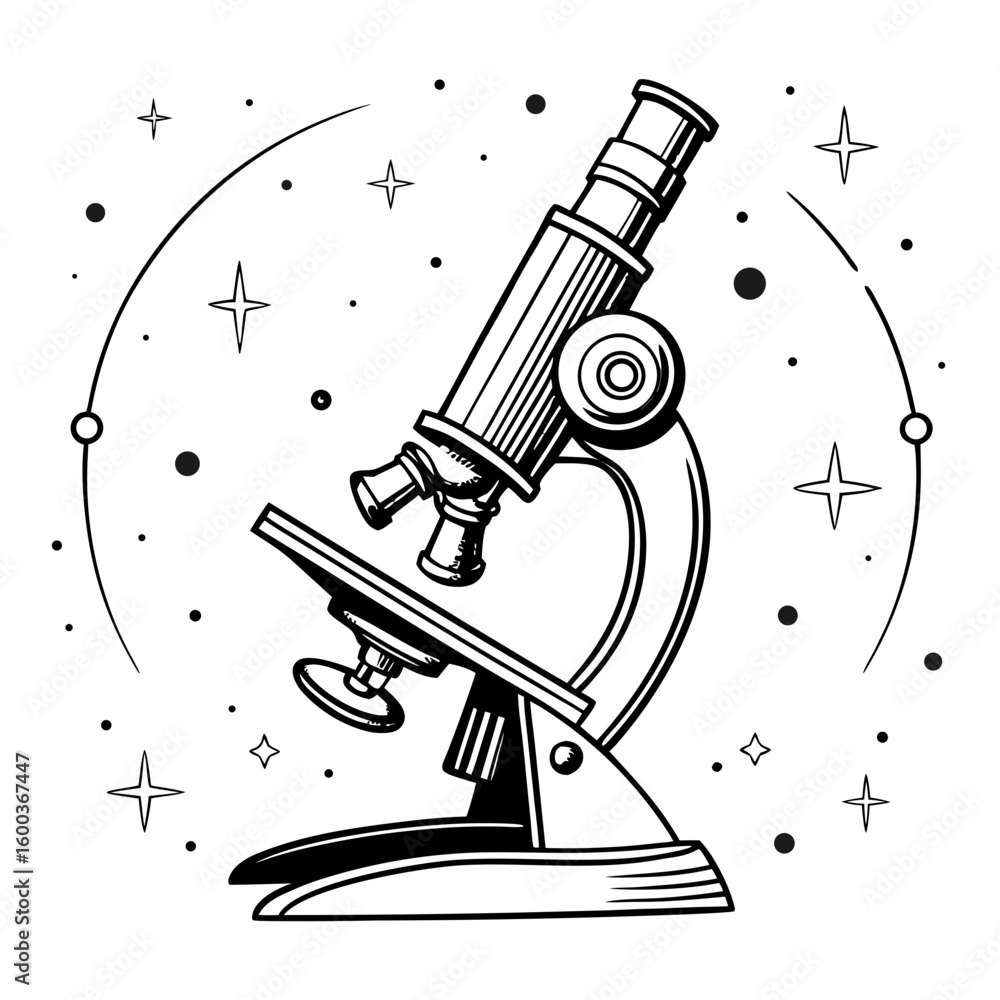 Poster scientific microscope with celestial elements and stars science learning