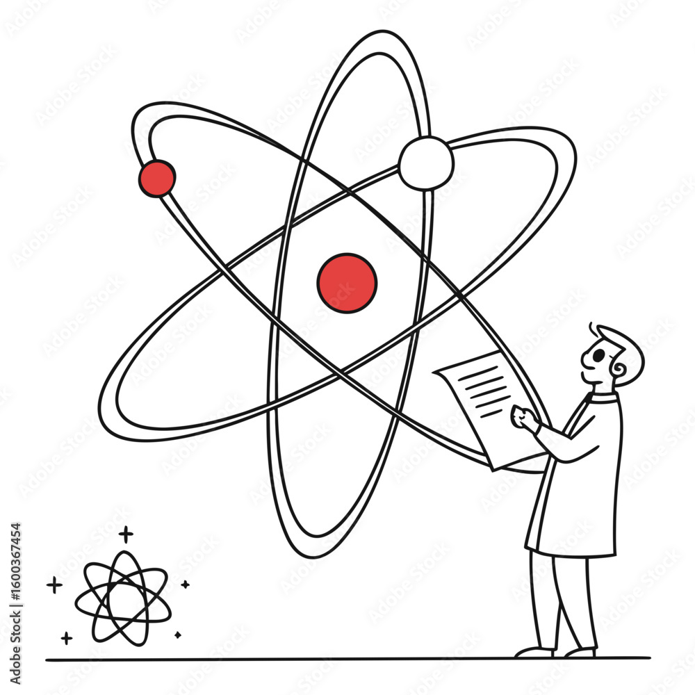Poster scientist studying atomic model with red elements science learning