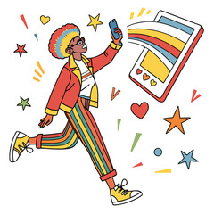 Person with rainbow clothes using phone colorful social media