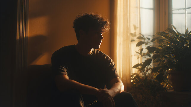 This person sits silently in a sunlit room, lost in thoughts of loneliness and mental challenges.