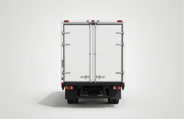 Rear view of clean white delivery truck, isolated on minimalist white studio background. Features closed cargo door, metal chassis, tires. Represents logistic, transport, distribution services.