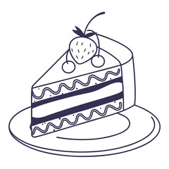 Slice of layered cake with strawberry and cherries on plate dessert cherry