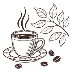 Steaming coffee cup with coffee beans and leaves coffee plant