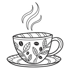 Steaming coffee cup with coffee beans and leaves design saucer hot beverage