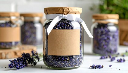 Glass jars filled with dried lavender