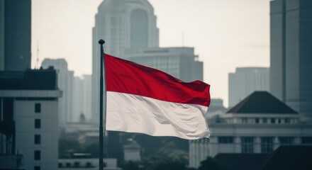 A close-up of the Indonesian flag waving in the breeze, with the modern high-rise buildings of Jakarta's business district blurred in the background.