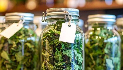 Glass jars filled with fresh mint
