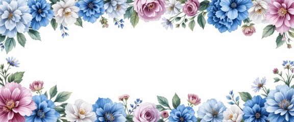 Watercolor floral border. Hand painted frame of green leaves, wildflowers, field flowers, isolated on white background. illustration for design, print, background