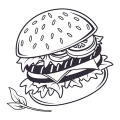 Stylized burger with sesame seed bun and fresh ingredients hamburger food