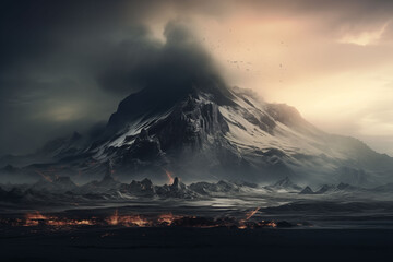 Stark Island volcano with swirling smoke