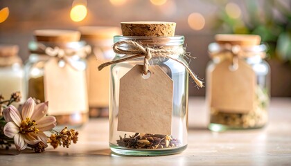 Glass jars with cork lids, tied with twine, and labels
