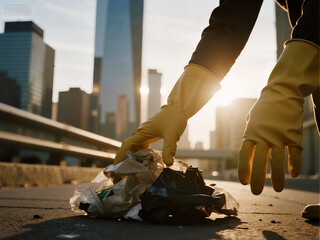 A gloved hand picks up trash on a sunny city street, promoting cleanliness and environmental responsibility in an urban setting.

