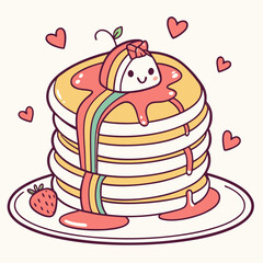 Stacked pancakes with rainbow syrup and strawberry