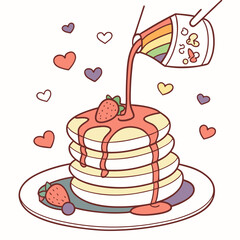 Stacked pancakes with rainbow syrup and strawberries