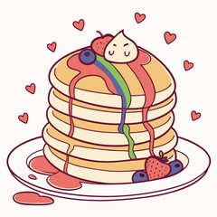 Stacked pancakes with rainbow syrup and berries breakfast