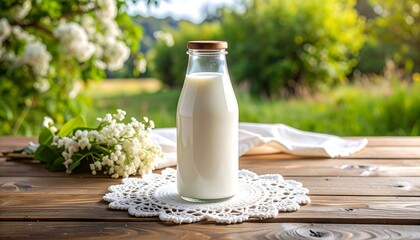 Glass milk bottle on rustic wooden table, surrounded by flowers