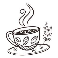 Steaming coffee cup with beans and leaves hot beverage