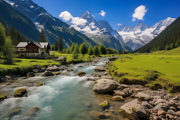 A quiet alpine valley surrounded by snow-capped peaks.