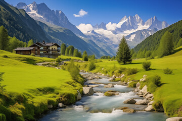 A quiet alpine valley surrounded by snow-capped peaks.