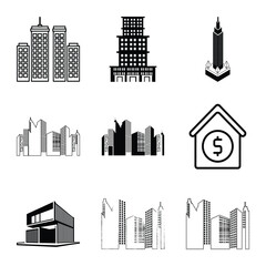 Fototapeta premium Black And White Cityscape Icons With Modern Buildings And Financial Investment Symbol On A White Background