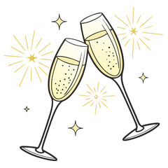 Two champagne glasses clinking with golden sparkles