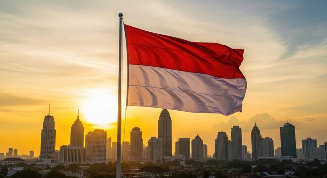 The Indonesian national flag flies majestically over the city of Jakarta, silhouetted by the warm glow of the setting sun.