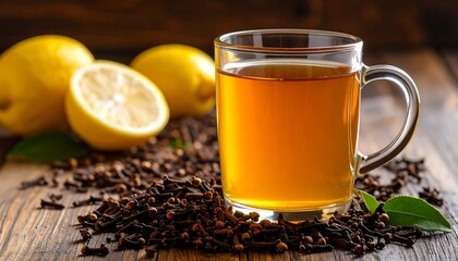 Glass mug of warm tea with lemons and cloves