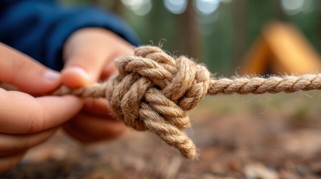 Close-up of a hand tying a knot in a rope outdoors.