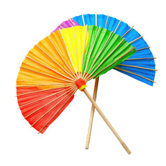 Two colorful paper fans, rainbow hues, crossed,  isolated