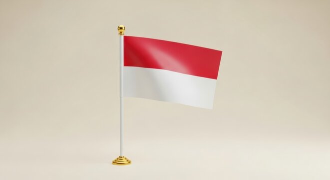 A small miniature desk flag of Indonesia on a golden stand, isolated on a clean, light-colored studio background.