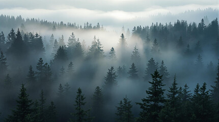 A tranquil and cinematic aerial scene where a drone slowly ascends over a misty pine forest at dawn. Morning fog gently lifts as golden light filters through the tall trees.